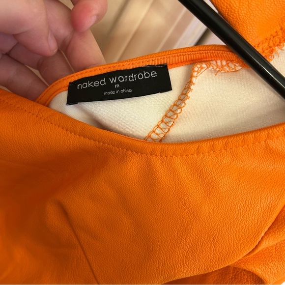 Naked Wardrobe Orange Faux Leather Cutout Mini Dress Size Medium Long Sleeve - Picture 3 of 7